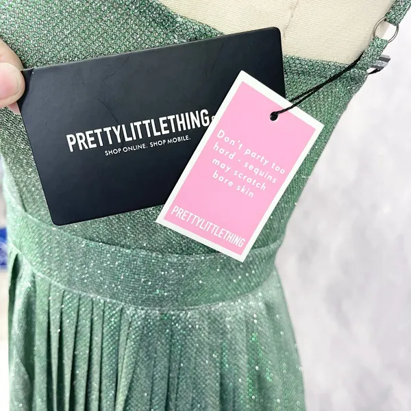 Pretty Little Thing Glitter Dress Womens US 4 Pleated Emerald Green Skater‎ Glam - Image 6