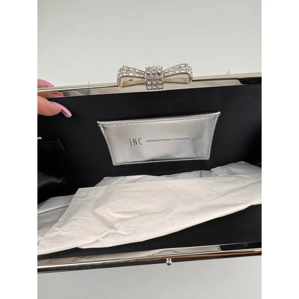 INC International Concepts Black Glitter Evening Clutch Rhinestone‎ Bow - Image 4