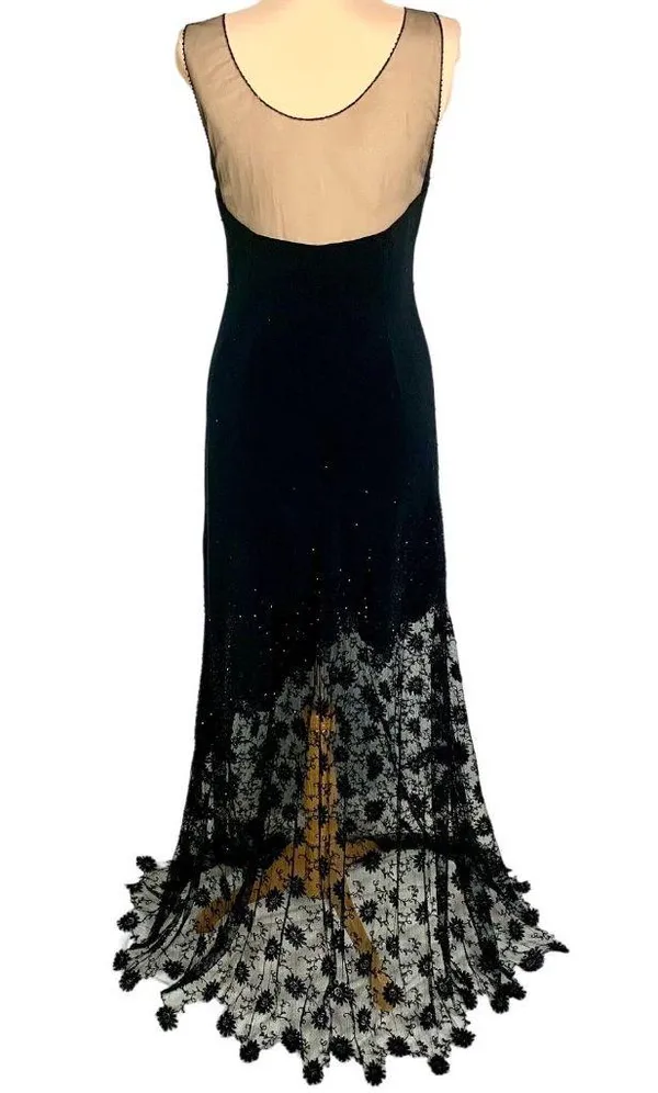 Jovani Sheer Illusion Lace Evening Gown Black Beaded Maxi 8 Formal Prom Black Tie - Image 6