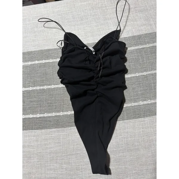 Zara Black Ruched Spaghetti Strap High‎ Cut Bodysuit Sleeveless V-Neck Top - Image 4