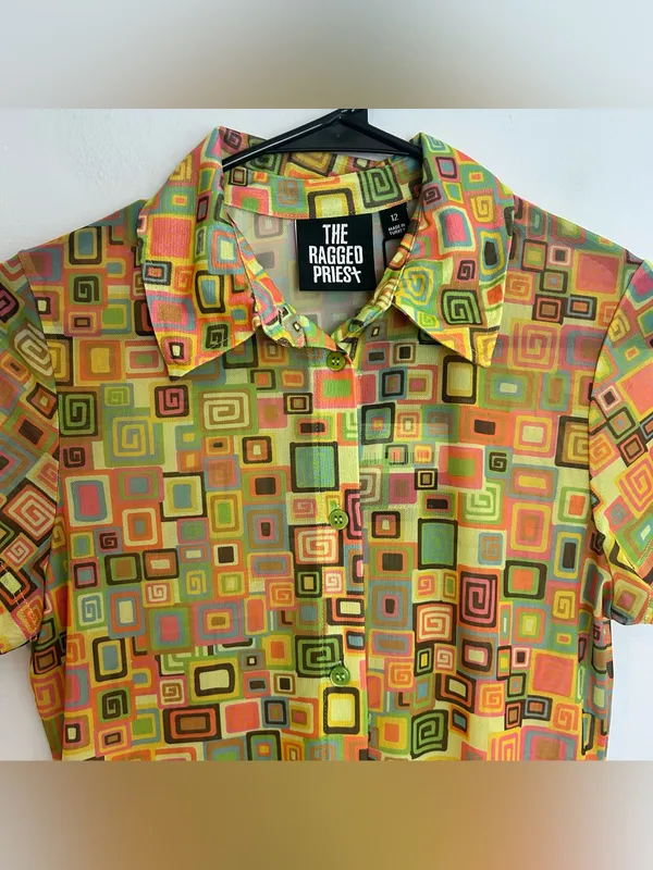NWT Raggesd Priest Colorful Retro Square Button Down Mesh Shirt Mini Dress 12 - Image 5