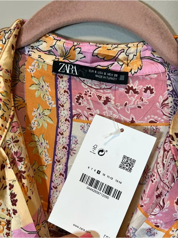 Zara Flowy Satin Button Down‎ Shirt Floral Paisley New Pink Small - Image 4