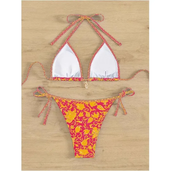 WDIRARA Two Piece Boho Swimsuit Floral Halter Triangle Bikini Bathing Suit XS - Image 5