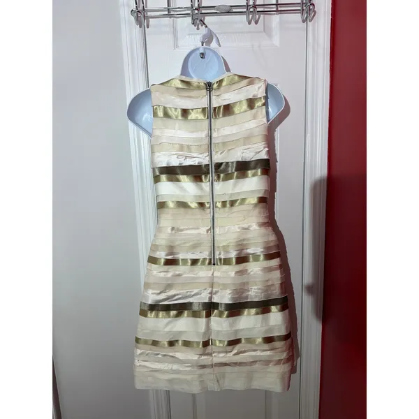 Alice + Olivia Dress Women Cream Gold Silk Tiered Ribbon‎ Mini Size 4 - Image 2