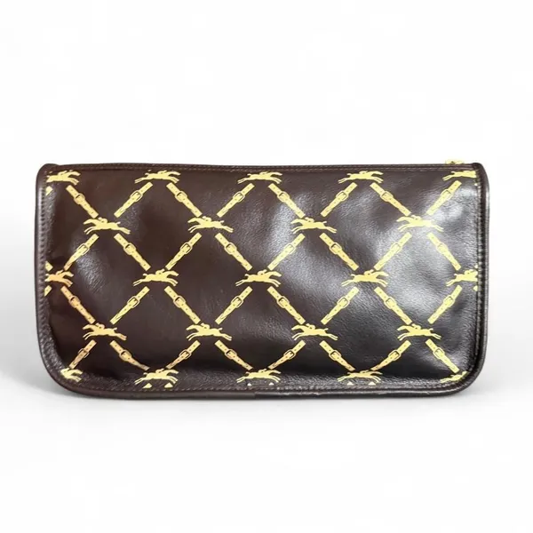 Vintage Longchamp Paris Equestrian Horse Chain Print Leather Crossbody Brown - Image 5