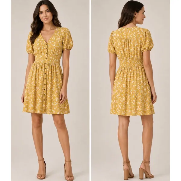 Billabong Twirl Twist Women's XS Mustard Yellow‎ Floral Button Down Mini Dress - Image 2