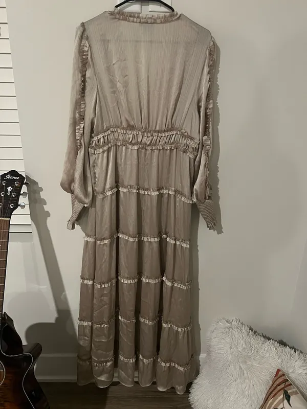 CeCe Ruffle Long Sleeve Satin Maxi Dress, Champagne, V-neck, stiered ruffles. L. - Image 6