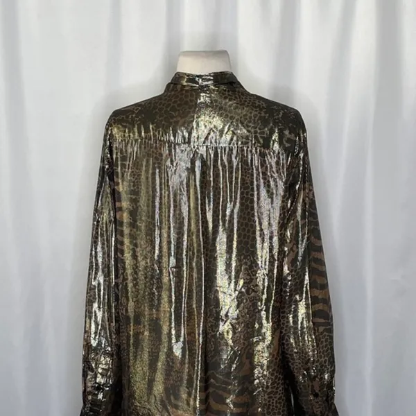 REISS Kendall Metallic Animal Print Tie Neck Blouse Gold Buttondown Size 8 - Image 9