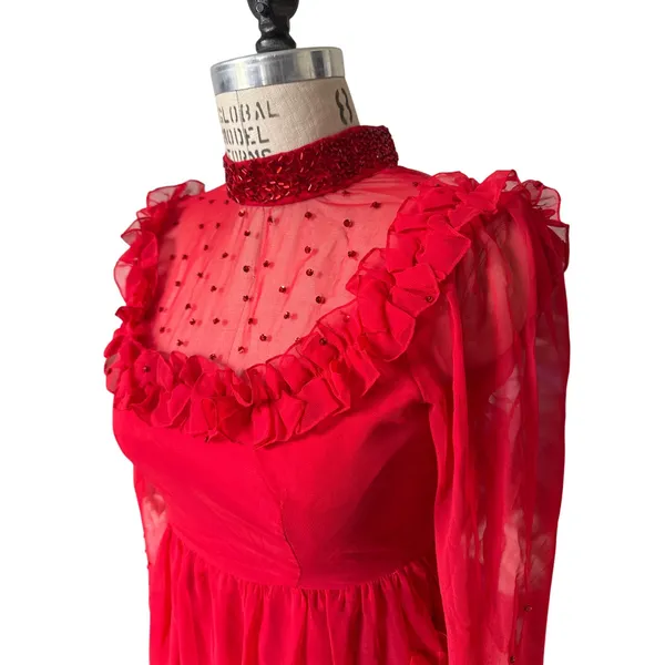 Vintage Red Ruffle & Crystal Embellished Long Sheer Dress Size Small - Image 2