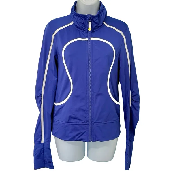 Lululemon Asana Blue Zip Up Track Jacket White Piping Thumbholes Size S / M - Image 2