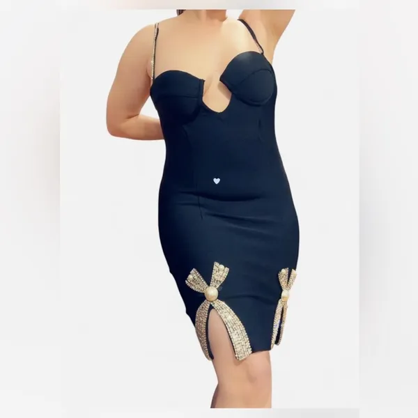 Deep plunge rhinestone mini dress Black - Image 4