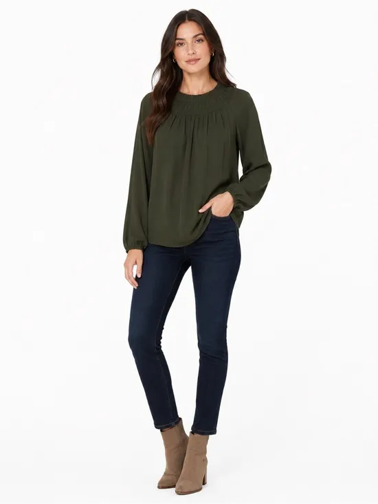 LOFT Olive Green Smocked Long Sleeve Blouse Size Large Flowy Fall Top - Image 2