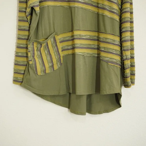 Neon Buddha 1X Tunic Top Green Striped Raw Edge Cotton Pocket Lagenlook Indie - Image 3