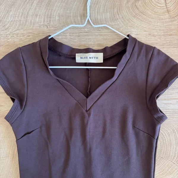Blue Myth Brown Cap Sleeve V Neck Bodycon Mini Dress - Image 3