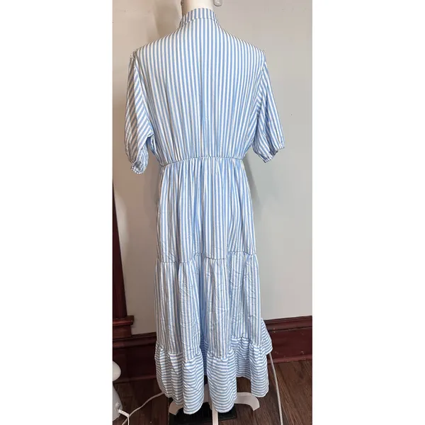Blue White Striped Tiered Midi Dress XL Short Sleeve Button Front Coastal Boho - Image 3