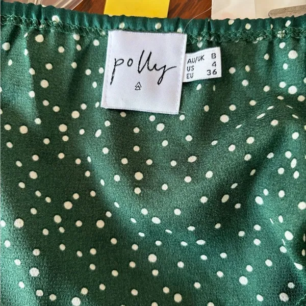 Polly Wrap Mini Dress Polka Dot Ruffle Hem Size 4 Green - Image 2