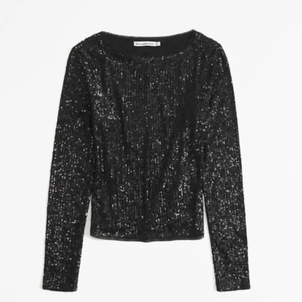 Abercrombie & Fitch Long-Sleeve Sequin Boatneck Top in Black- S - Image 2