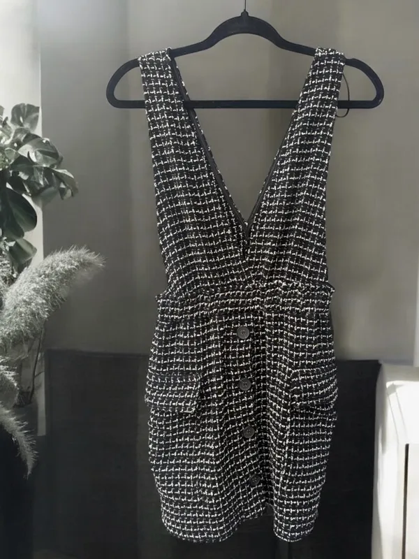 Zara Textired Tweed Overall/Pinifore Mini Dress With Pockets Small - Image 2