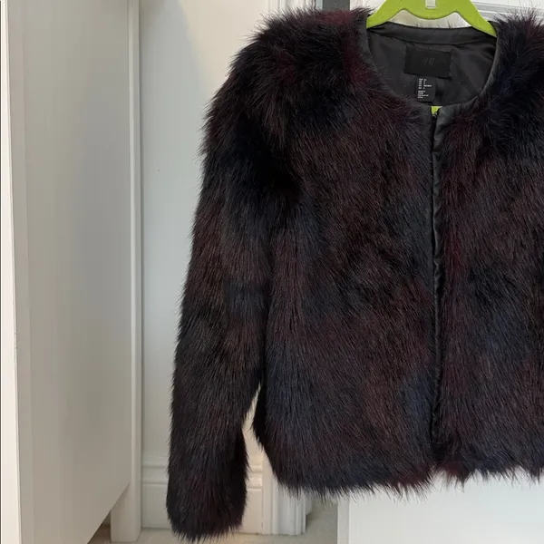 H&M Faux Fur Burgundy + Navy Toned Faux Leather Trim Coat - Image 10