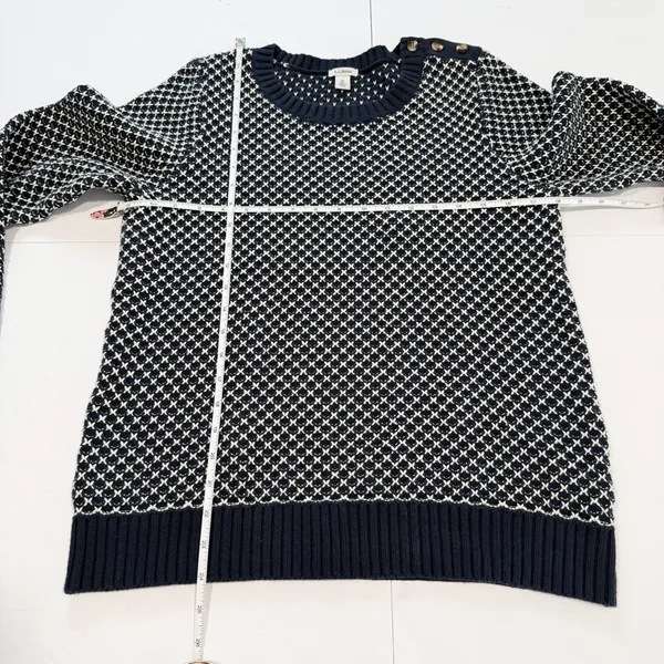 LL Bean Navy Blue White Crew Neck Pullover Cotton Button‎ Detail Sweater MEDIUM - Image 7