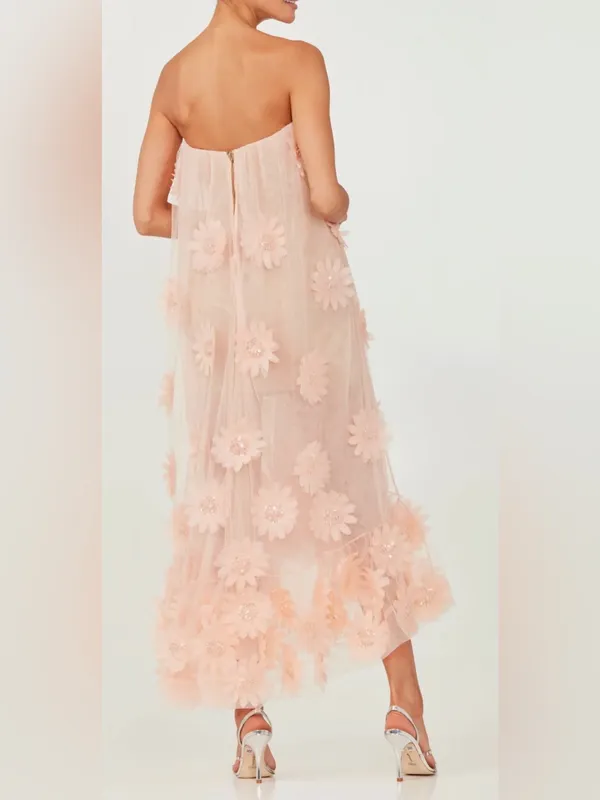 NEW HELSI Athena Bead & 3D floral Appliqué Strapless Mesh Pink Pearl Gown sz S - Image 2