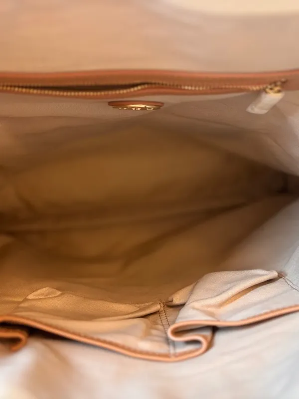 Tory Burch Ella Canvas Bird Tote Cream Navy Leather Trim Large Shoulder Bag - Image 3