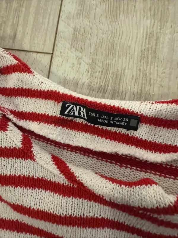 Zara Red and White Striped Knit Top with Side Button Panels - Image 2