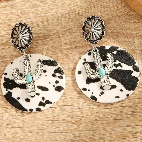 Cow pattern cactus‎ with turquoise decor dangle ethnic style earrings Black - Image 3