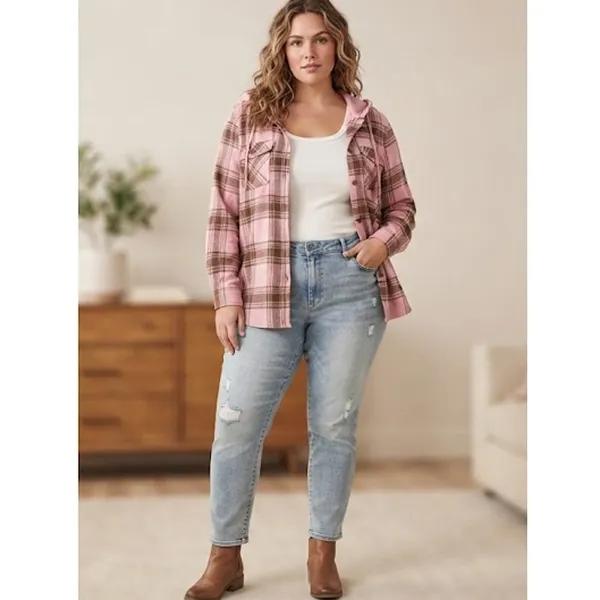 NEW SO Hooded Flannel Shirt Pink Brown Plaid NEW Plus 3X long sleeve button fron - Image 2