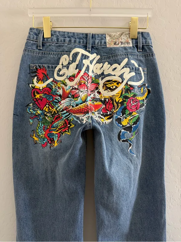 Ed Hardy Y2K Tattoo Snake Painted Tiger Koi Fish Oversized Wide Leg Jeans Sz 26 - Image 7
