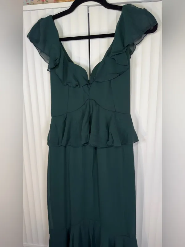 Show Me Your Mumu Reese Ruffle Emerald Green Satin Midi Dress XXS NWT - Image 5