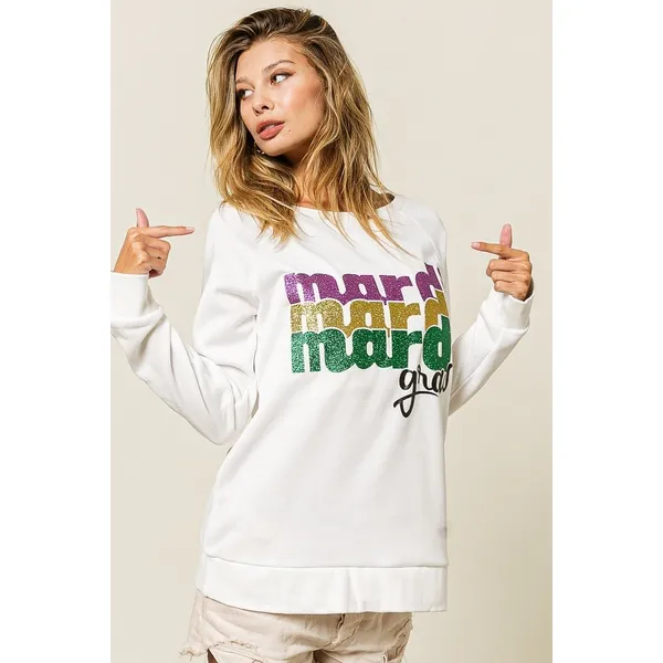 BiBi Mardi Gras Glitter Lettering Sweatshirt - Image 6