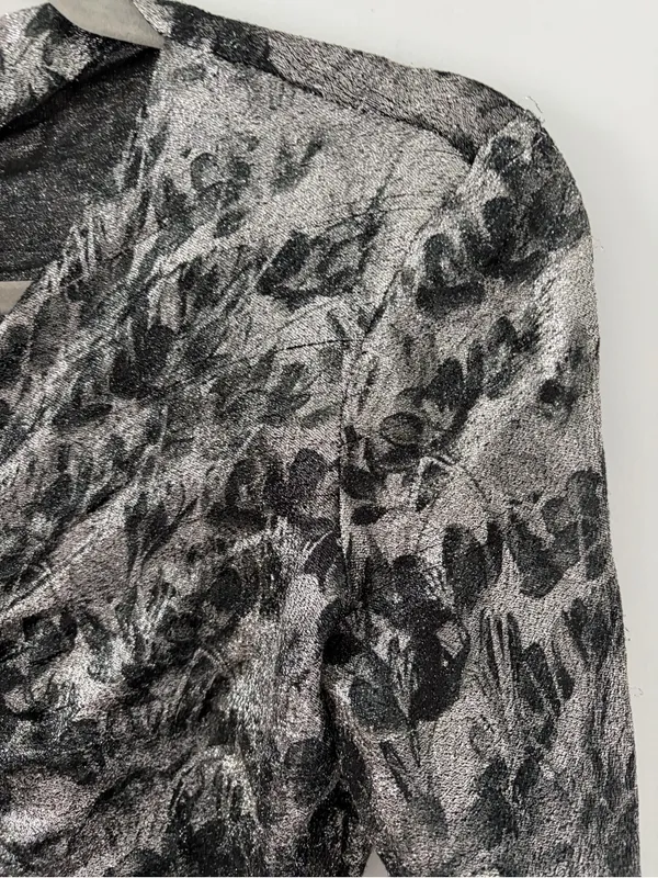 Isabel Marant Diego Floral Ruched Print Stretch Silk Blend Silver Black Top 36 - Image 4