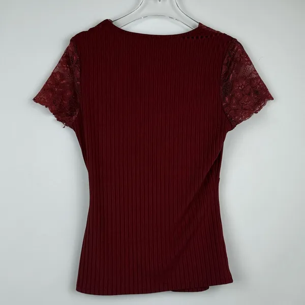 Shein Maroon Lace Panel Rib Knit V-neck Short Sleeve Stretchy T-shirt Top Sz M - Image 5