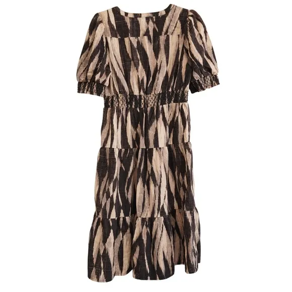 Democracy Women's Petite‎ Ikat Print Tiered Midi Dress Smocked Waist Summer - Image 9