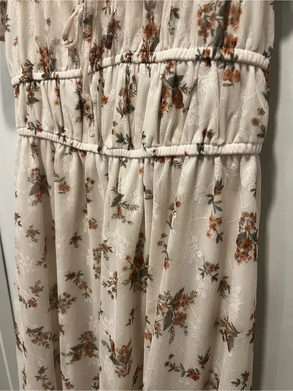 Blu Pepper Cream Floral Puff-Sleeve Milk Maid Midi Dress - Image 3