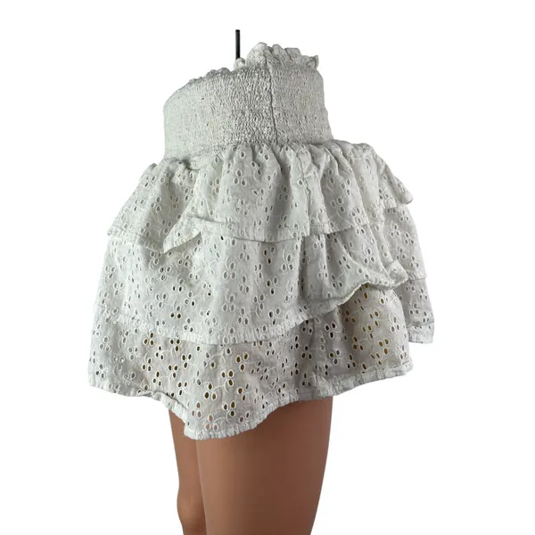 Lolli White Smocked Embroidered Eyelet Tiered Ruffle High Waist Mini Skirt Sz M - Image 2
