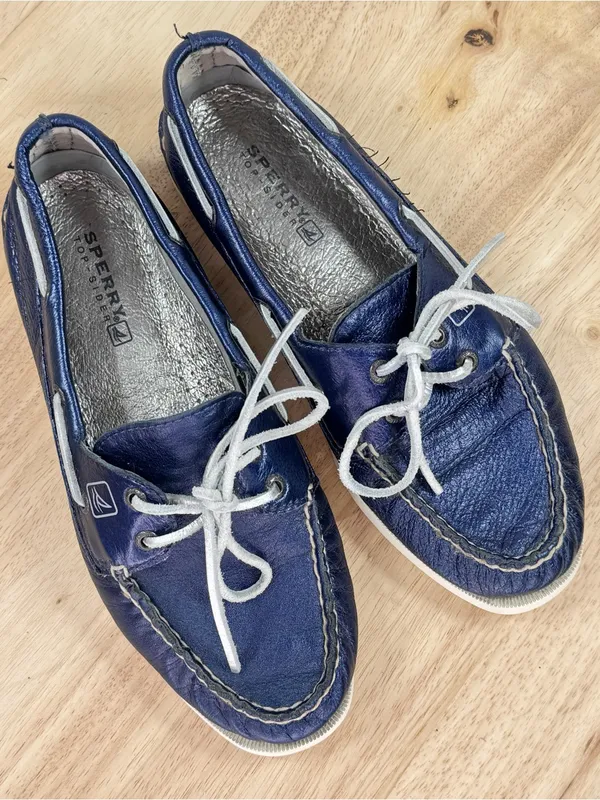 Sperry Top Sider Leather Boat Shoe Metallic Navy Blue Women Size 8 Slip On - Image 11