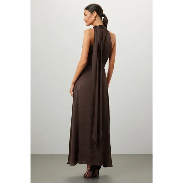 SACHIN & BABI Brown Sleeveless Tie Neck Banded Waist Kayla A-Line Gown Size 0 - Image 3