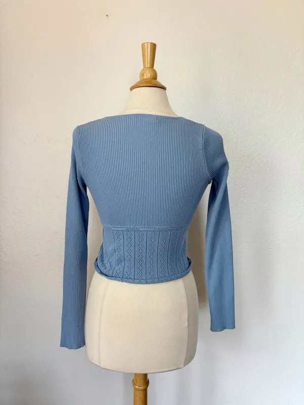 Altar'd State Blue Knit Long Sleeve Milkmaid Top - Image 5