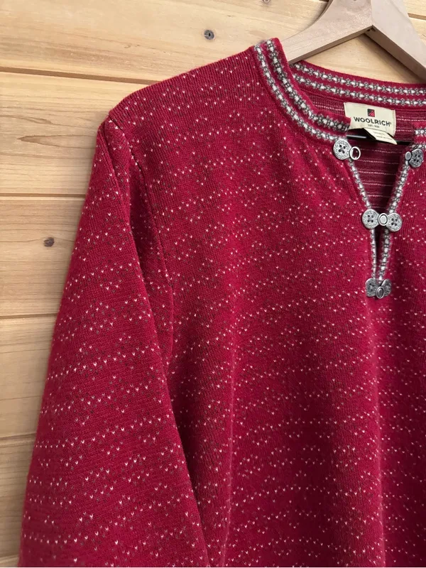 Vintage Woolrich Large Red Fair Isle Nordic Metal 1/4 Clasp Henley Sweater - Image 2