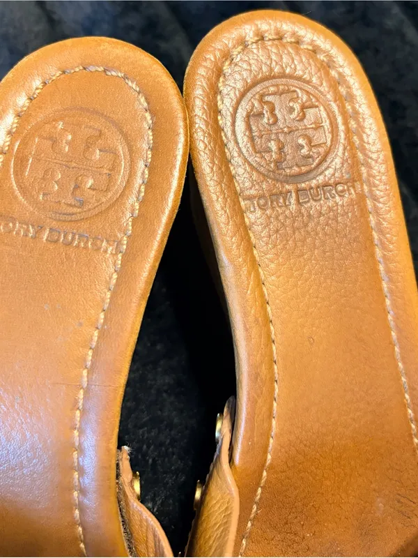Tory Burch Cognac Leather Logo Slide Mules - Image 2