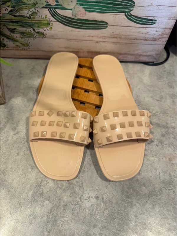Nude slide-style fashion sandals with studded straps – Size 8 - Image 2