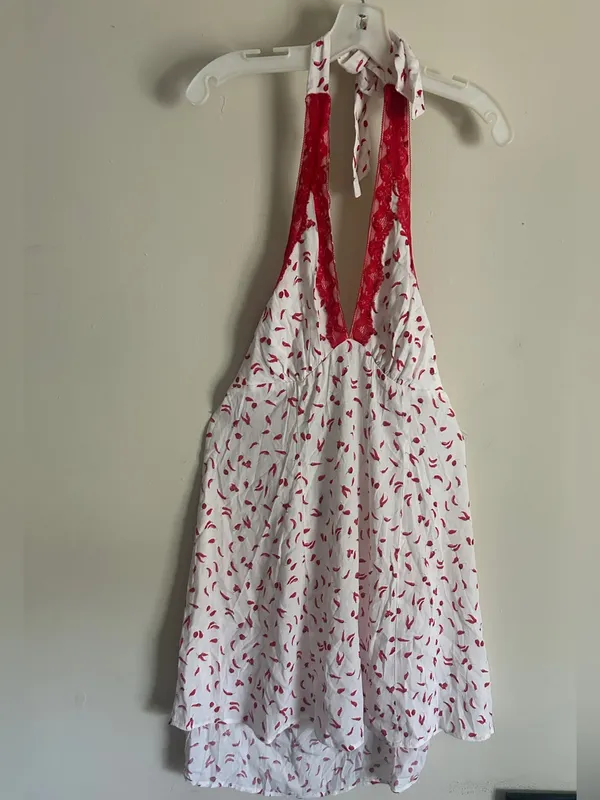 Women’s Red Chili Pepper Halter Mini Dress – Lace Trim Size Small - Image 2