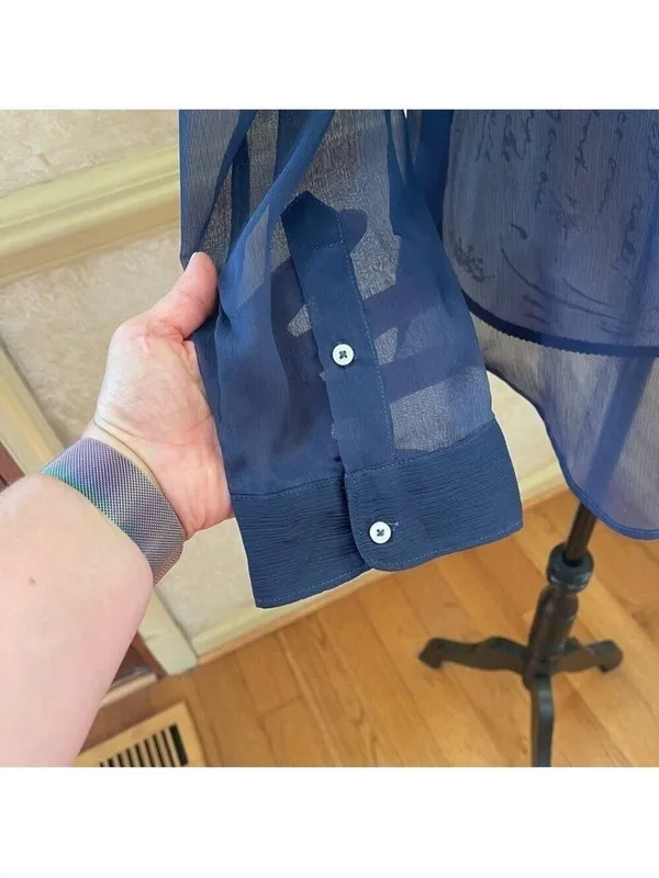 Abercrombie Fitch Women BLUE Chiffon Roll Tab Button Up Shirt Sheer Blouse Top M - Image 5