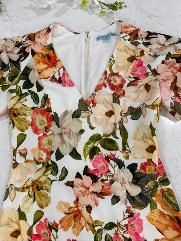 ANTONIO MELANI White Floral Midi Dress with Pink, Green & Yellow Accents - Image 6