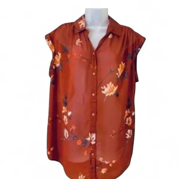 🌙 AVA & VIV Floral Print Sheer Sleeveless Button Blouse - Image 2