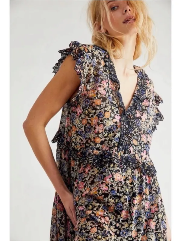 Free people Bohemian Floral Milania Maxi Dress Dark Combo Maxi Top Duster Small - Image 4