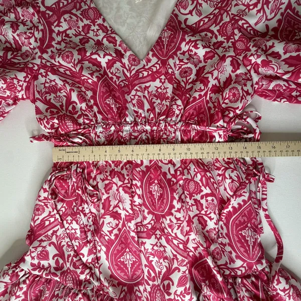 Entro Pink Damask Print V-Neck Smocked Mini Dress Small Vibrant Festival Girly - Image 13