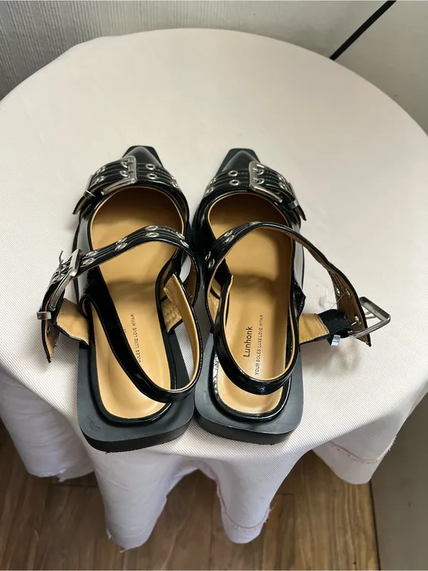 Black Patent Pointed Slingback Mules with Buckle Straps - Image 5